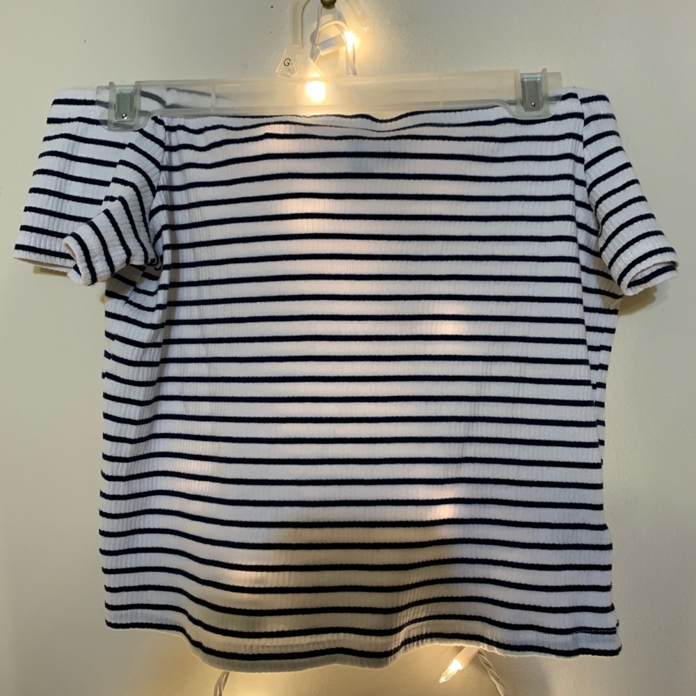 H&M White Navy Stiped Off the shoulder top